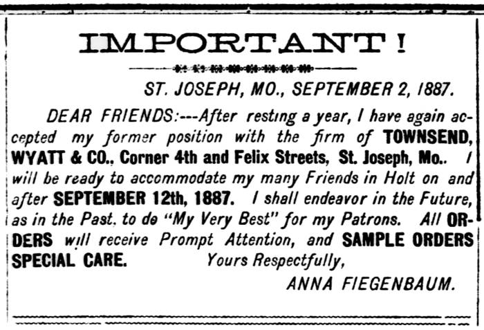 Newspaper notice that after resting for one year, Anna Fiegenbaum was returning to her former job at a dry goods store and ready to resmue servicing her patrons.