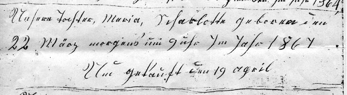 family's record of Maria C. Fiegenbaum's birth and baptism