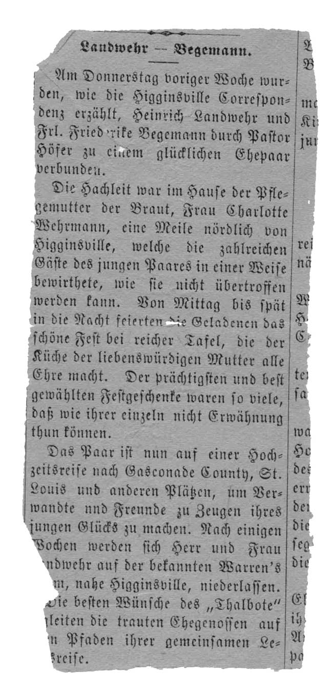 newspaper announcement of the Landwehr-Begemann wedding
