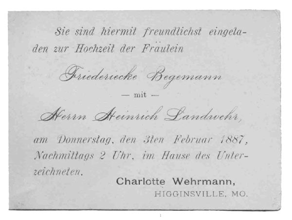Invitation to wedding of Friederiecke Begemann & Heinrich Landwehr