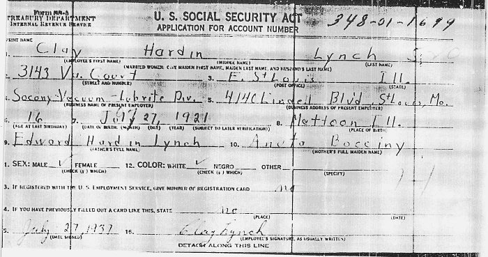 Application for Social Security number submitted by Clay Hardin Lynch