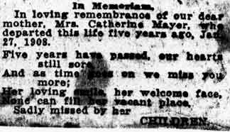 memorial notice published in 1913 for Katherine (Etling) Mayer