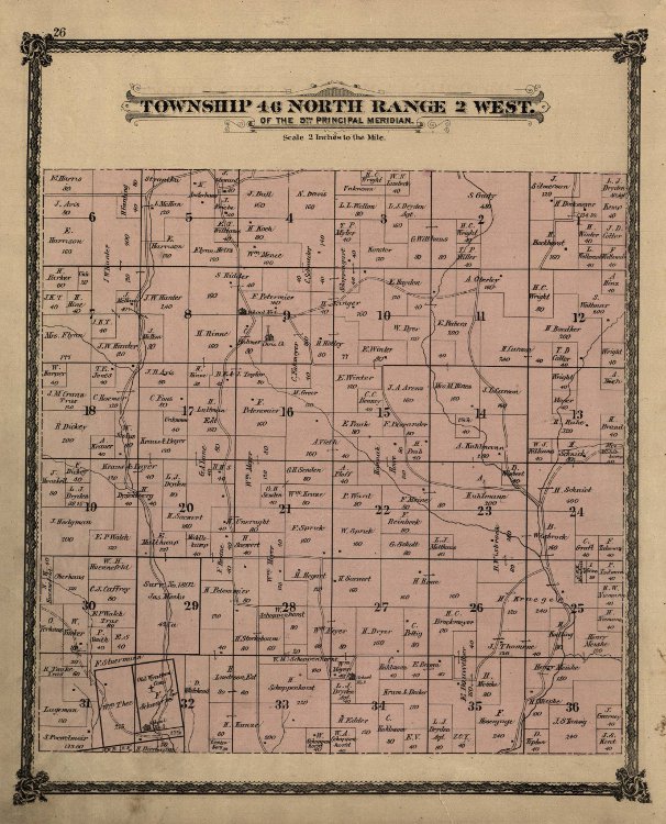 survey map showing northwestern Charrette Township & southeastern Elkhorn Township in Warren County, Missouri in 1877