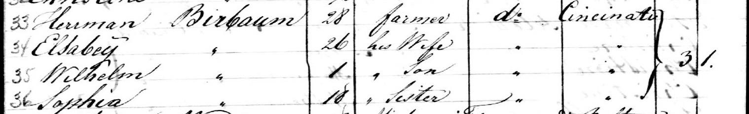 portion of the passenger list listing the Bierbaum family