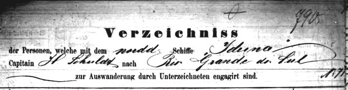 a scanned image of the header at the top of the passenger list for the ship Iduna which traveled from Hamburg, Germany to Brazil in 1869